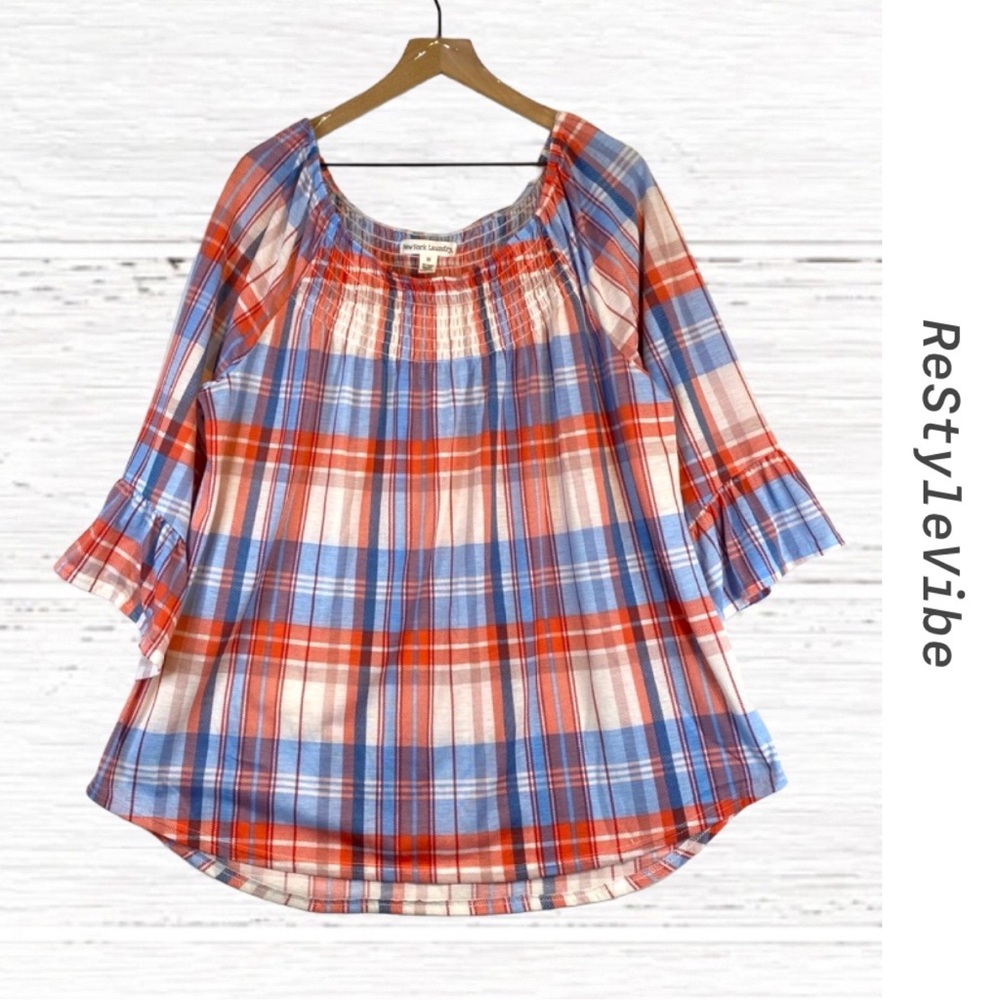 NEW YORK LAUNDRY Women’s Size 2X Top Shirt Blouse Plaid Scoop Neck Stretch NWT